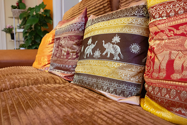 Detailaufnahme mehrerer bunter Kissen mit traditionellen Mustern und Elefantenmotiven auf einem braunen Sofa. Im Hintergrund ist eine grüne Pflanze auf einem Regal sichtbar, die das Ambiente ergänzt.